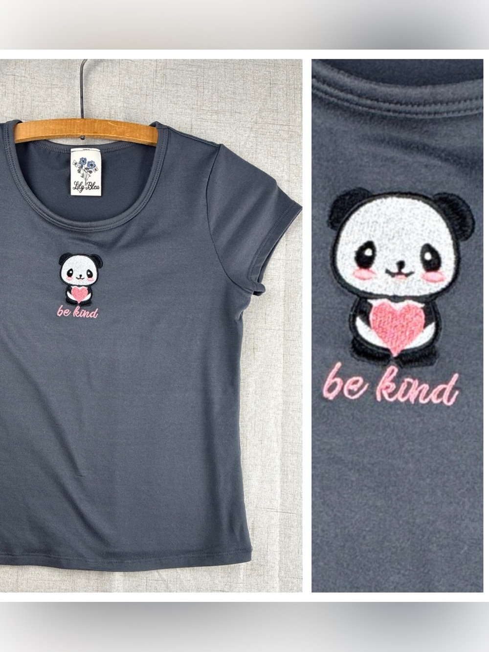 Lily Blue Girls Shirt Embroidered Panda Dark Gray Pink Heart Soft Anime M 10/12